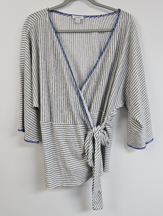 Sundance Tops - Sundance Freya Yarn Dyed Linen Blend Faux Wrap Striped Whipstitch Blouse